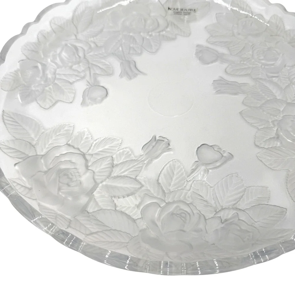 Home Beautiful Crystal Japan Frosted Rose Scalloped Round‎ Platter Serving Tray